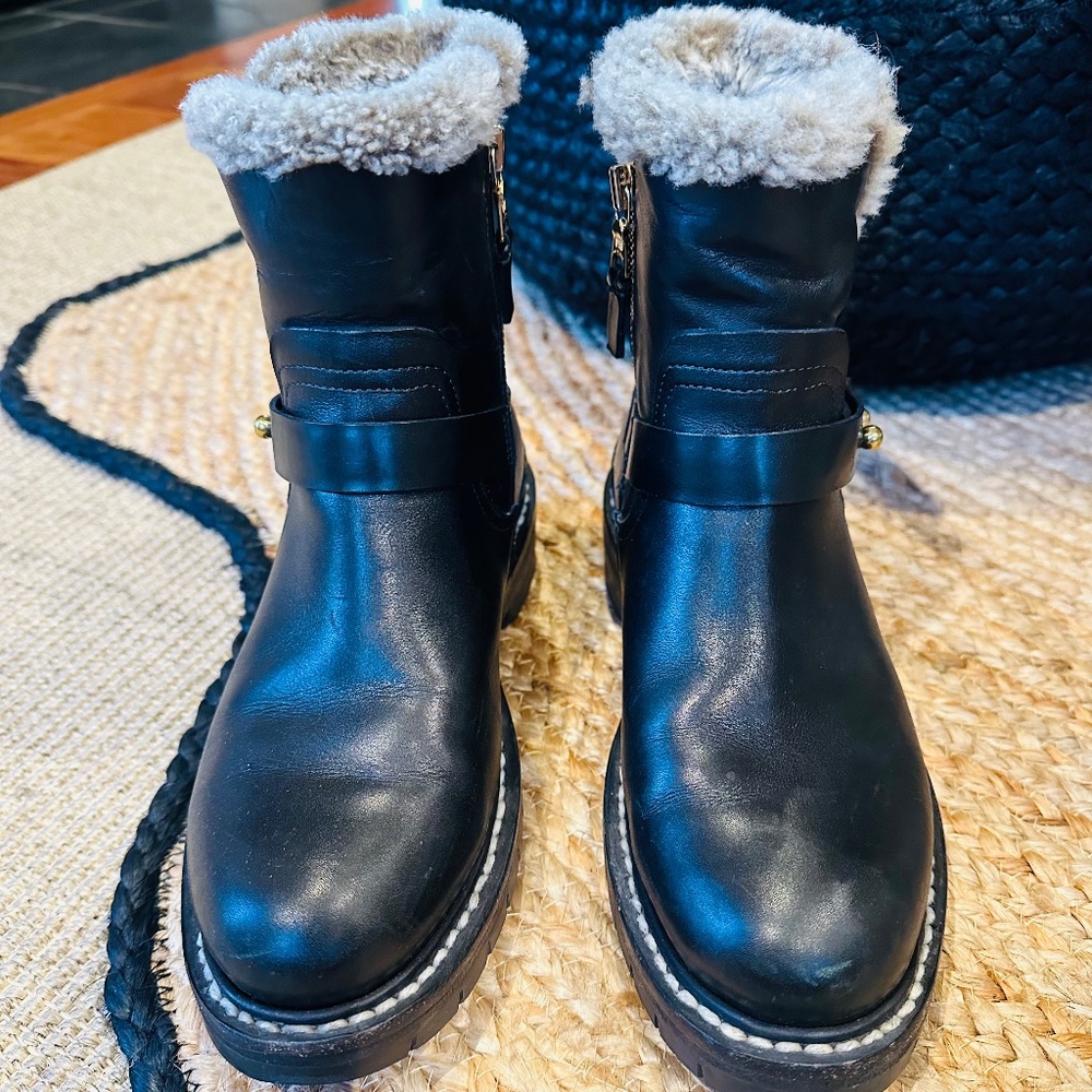 RAG & BONE Leather Fur Trim Moto Boots